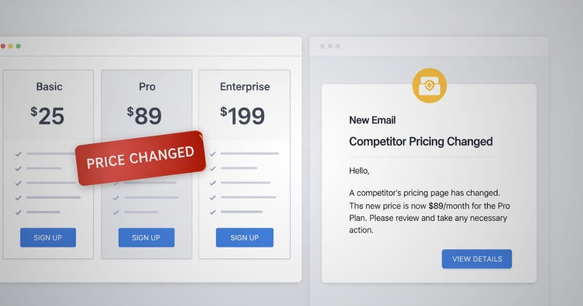 Competitor pricing page showing a price drop alert notification — representing real-time competitor pricing monitoring with Pagezii