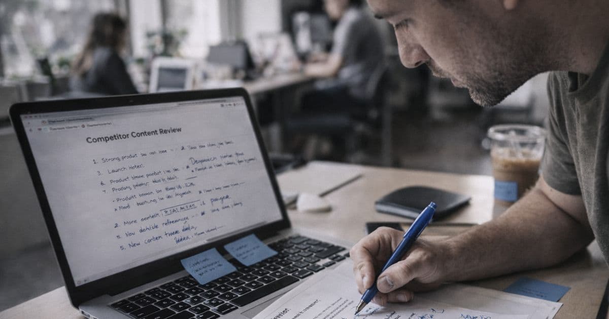 Laptop screen showing competitor blog post open with annotations highlighting strategic signals in headline, CTA, and link structure