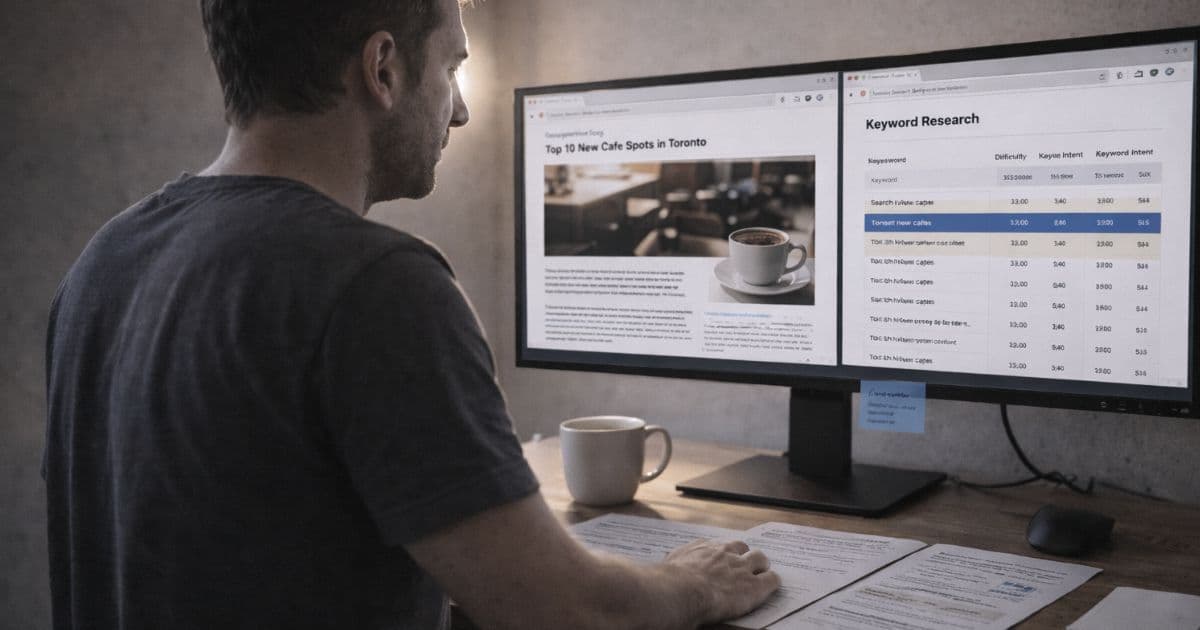 Analyst reviewing competitor keyword clusters in a spreadsheet and browser side by side on a widescreen monitor in a clean home office