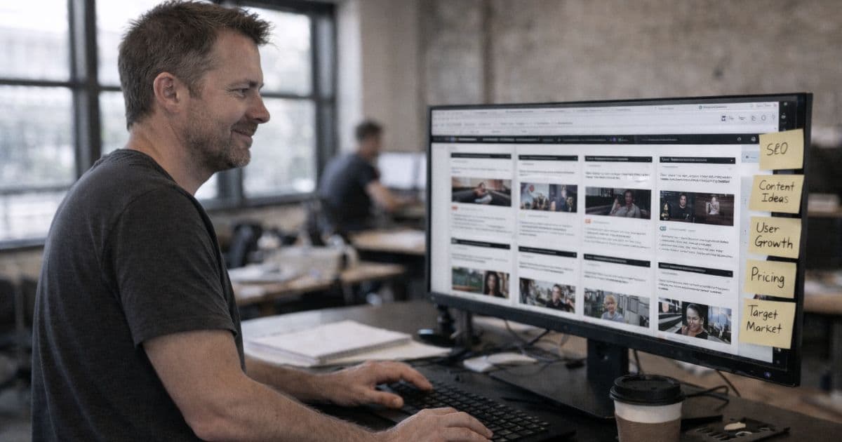 Founder analyzing competitor blog posts on desktop monitor with sticky notes tracking strategic signals