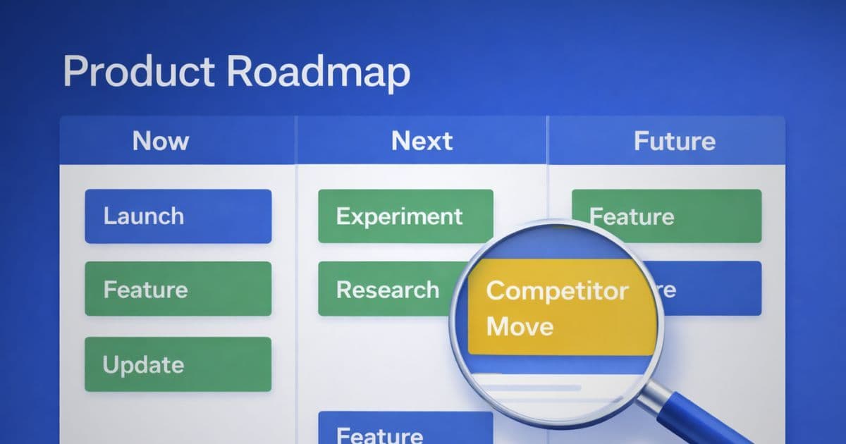 Product team reviewing a roadmap on a whiteboard with competitor monitoring alerts visible on a nearby laptop screen