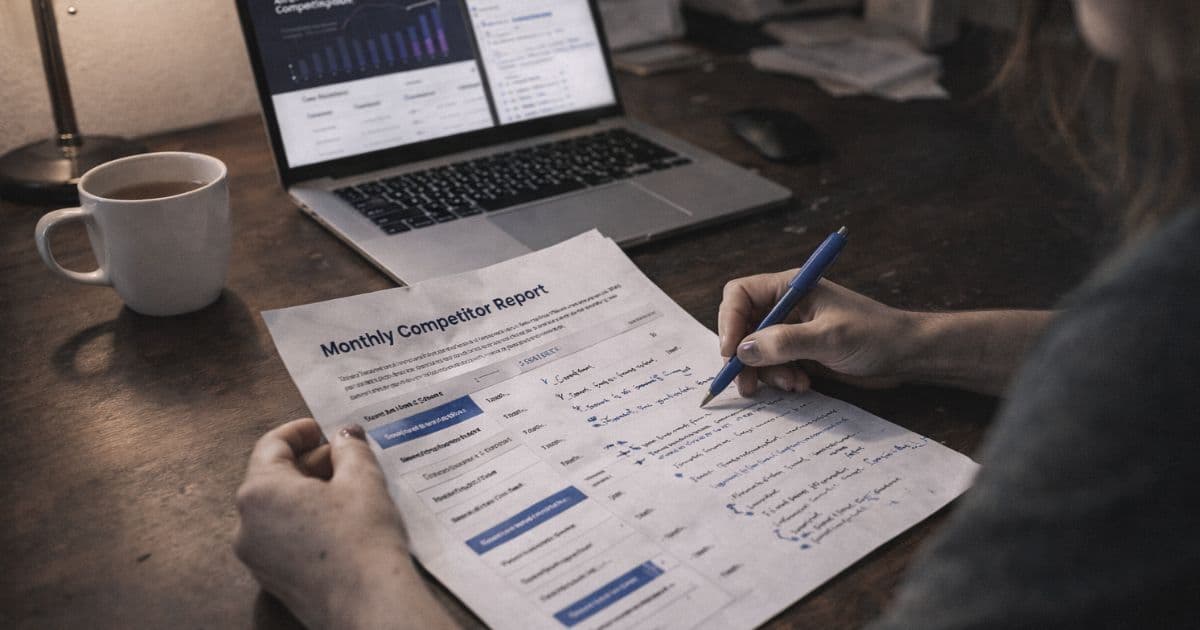 Neatly formatted competitor intelligence report on a desk beside a laptop showing Pagezii dashboard with weekly summary visible